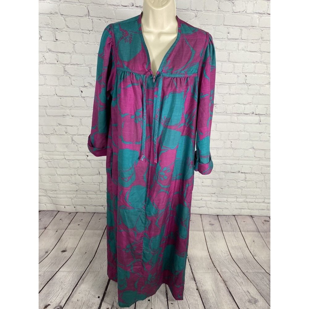 VTG Kayser Blue Purple Front Zip 3/4 Sleeve Pleated Long House Dress Women’s S